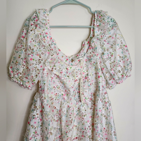 For Love & Lemons Magnolia Floral Lasercut Puff Sleeve Mini Dress Large Feminine - Picture 7 of 16